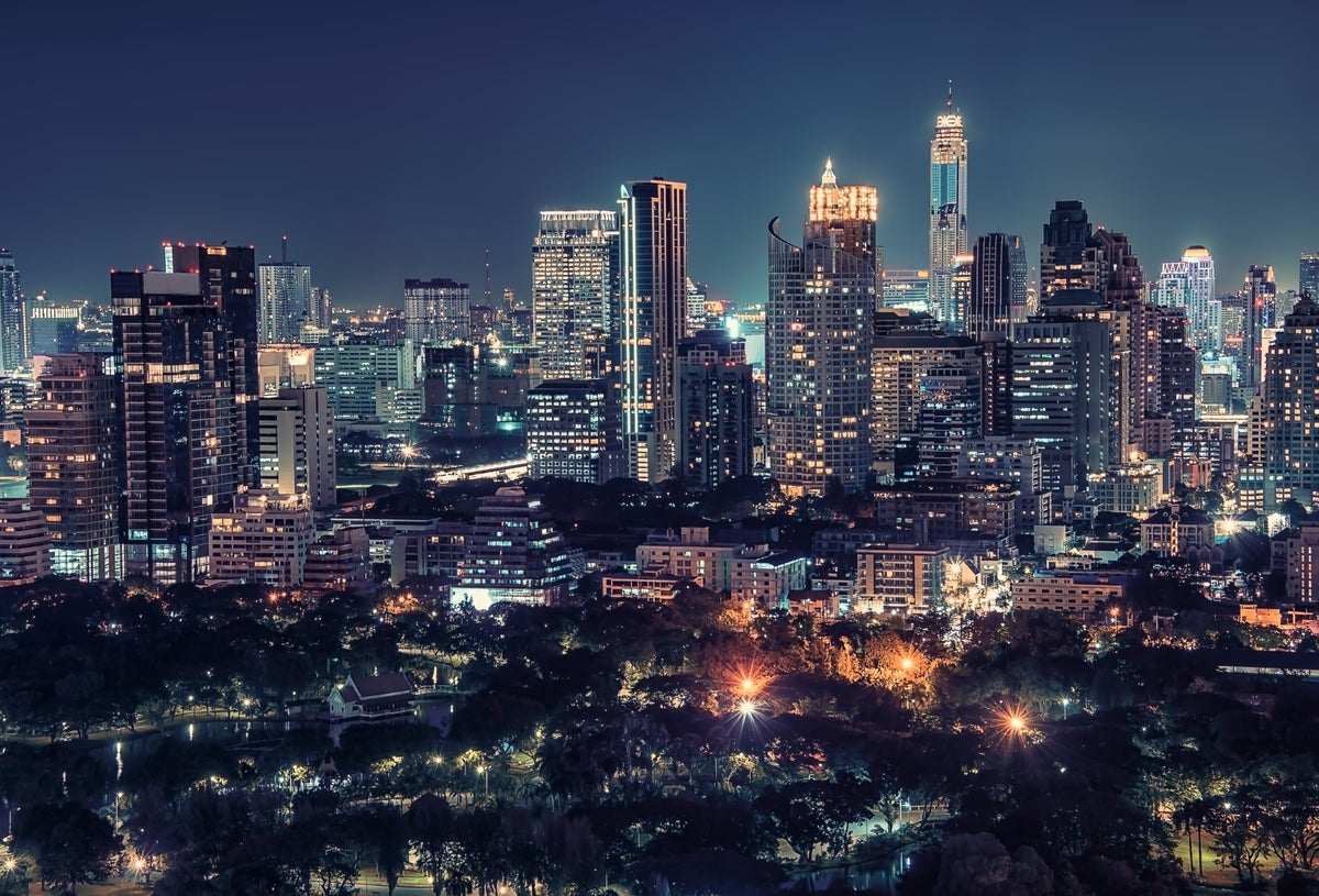 Nightfall Metropolis Wall Mural in your room — zoomed