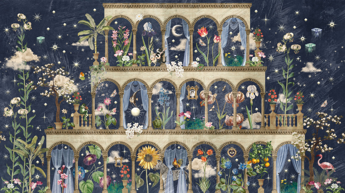 Floral Nightscape Garden on Blue Wall Mural in your room