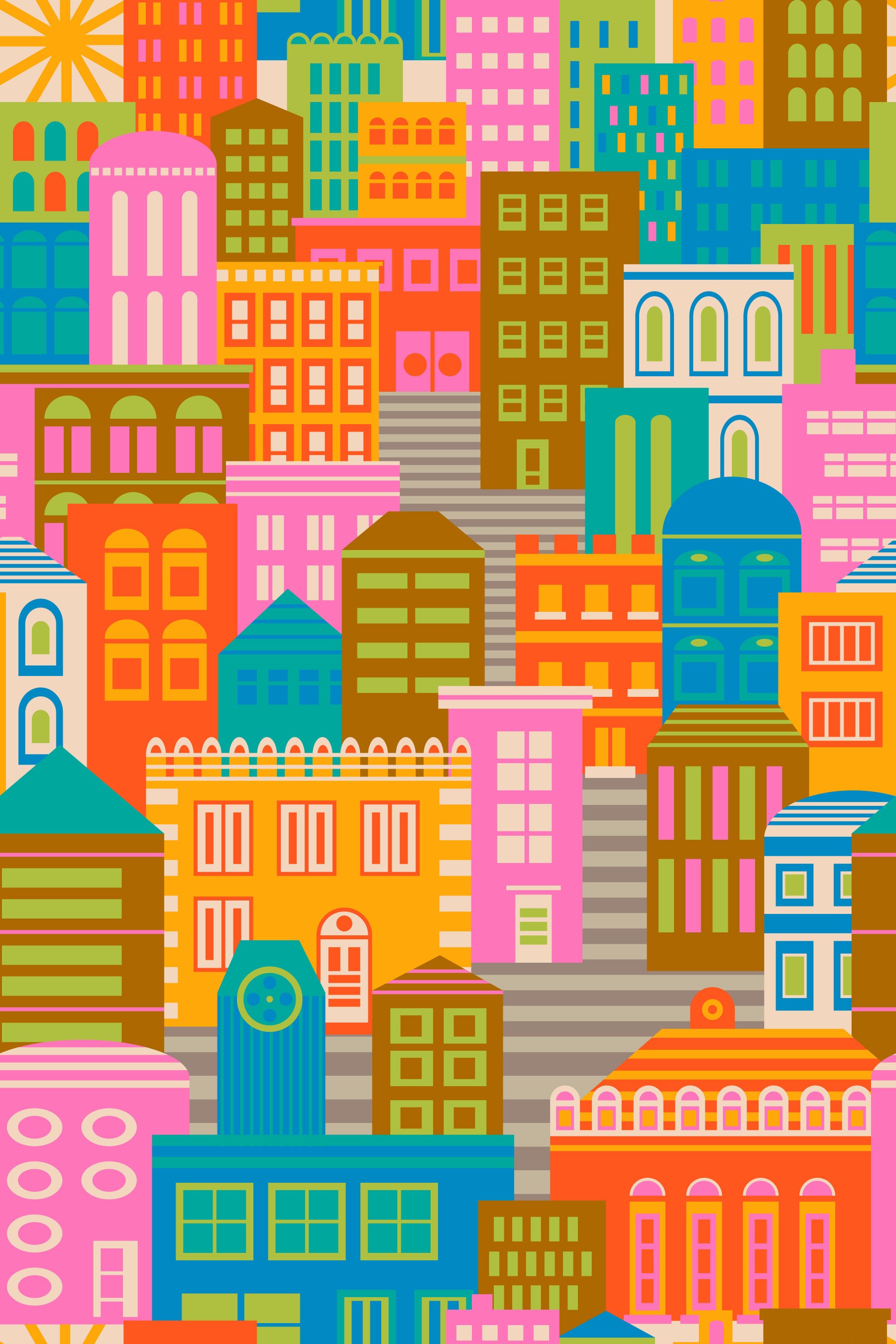 City Lights By Day Vintage Travel Bright Geometric Buildings Sunny Rainbow Brights Wallpaper⁠ in your room — zoomed