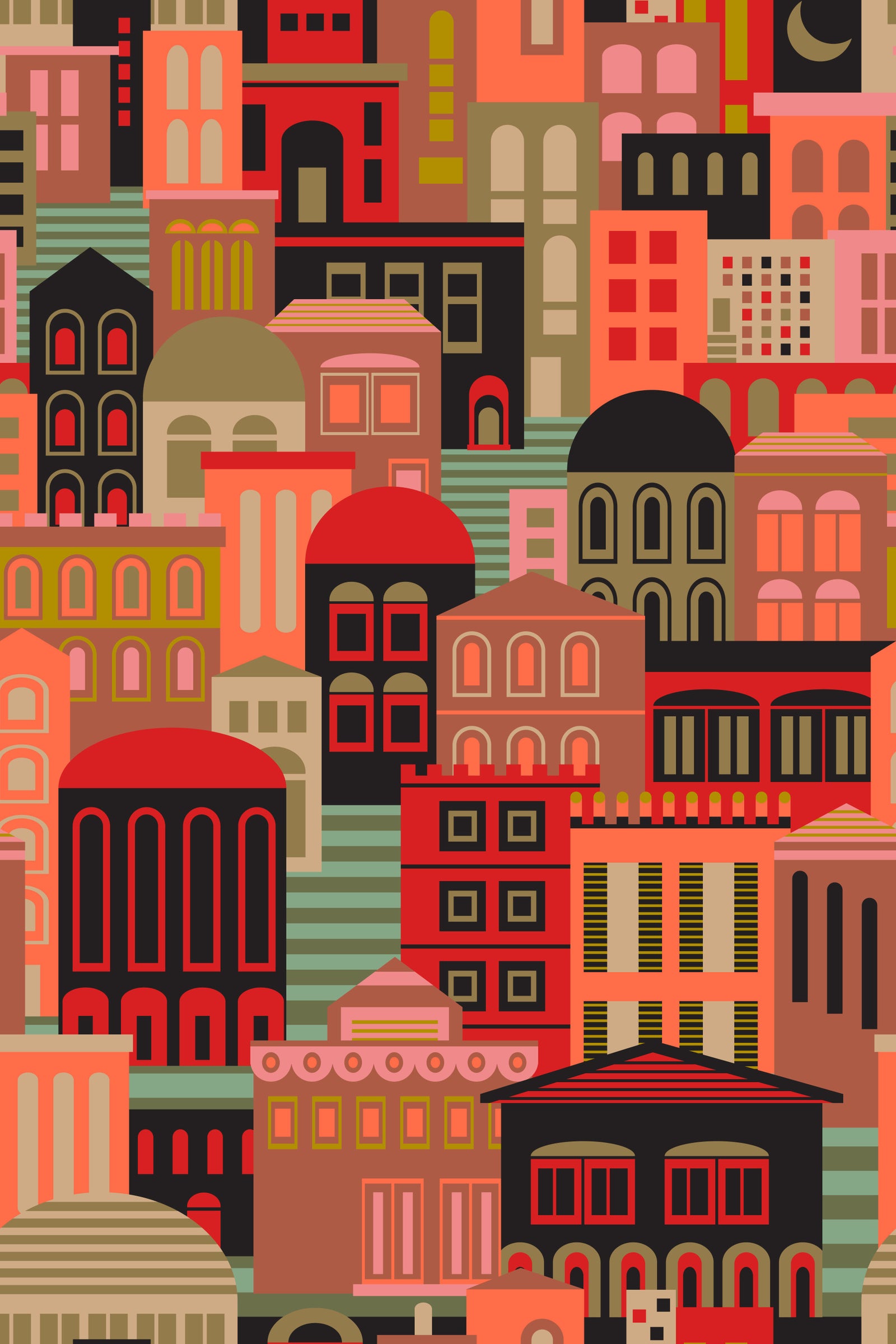 City Lights At Night Vintage Travel Bright Geometric Buildings Moon Vintage 1950s Colours Wallpaper⁠ in your room