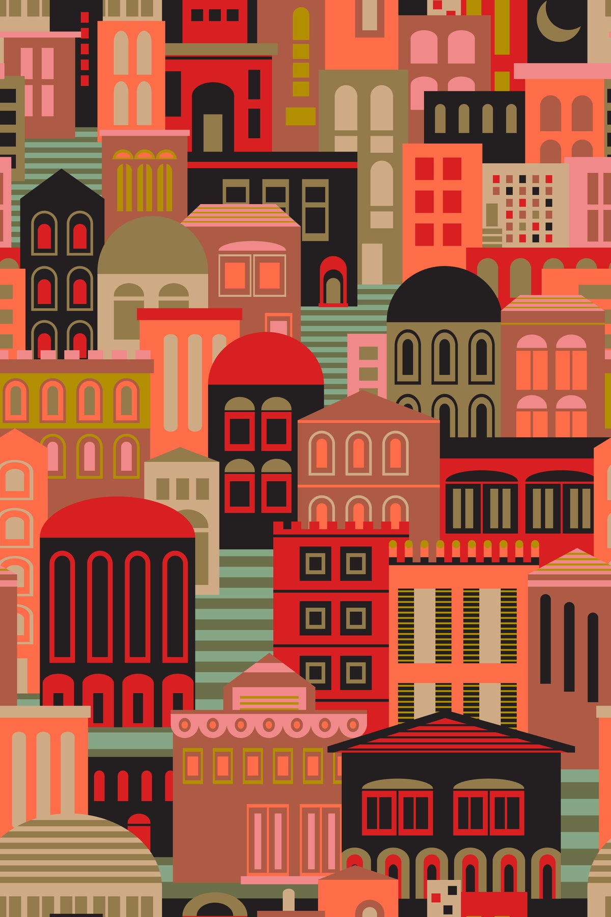 City Lights At Night Vintage Travel Bright Geometric Buildings Moon Vintage 1950s Colours Wallpaper⁠ in your room — zoomed