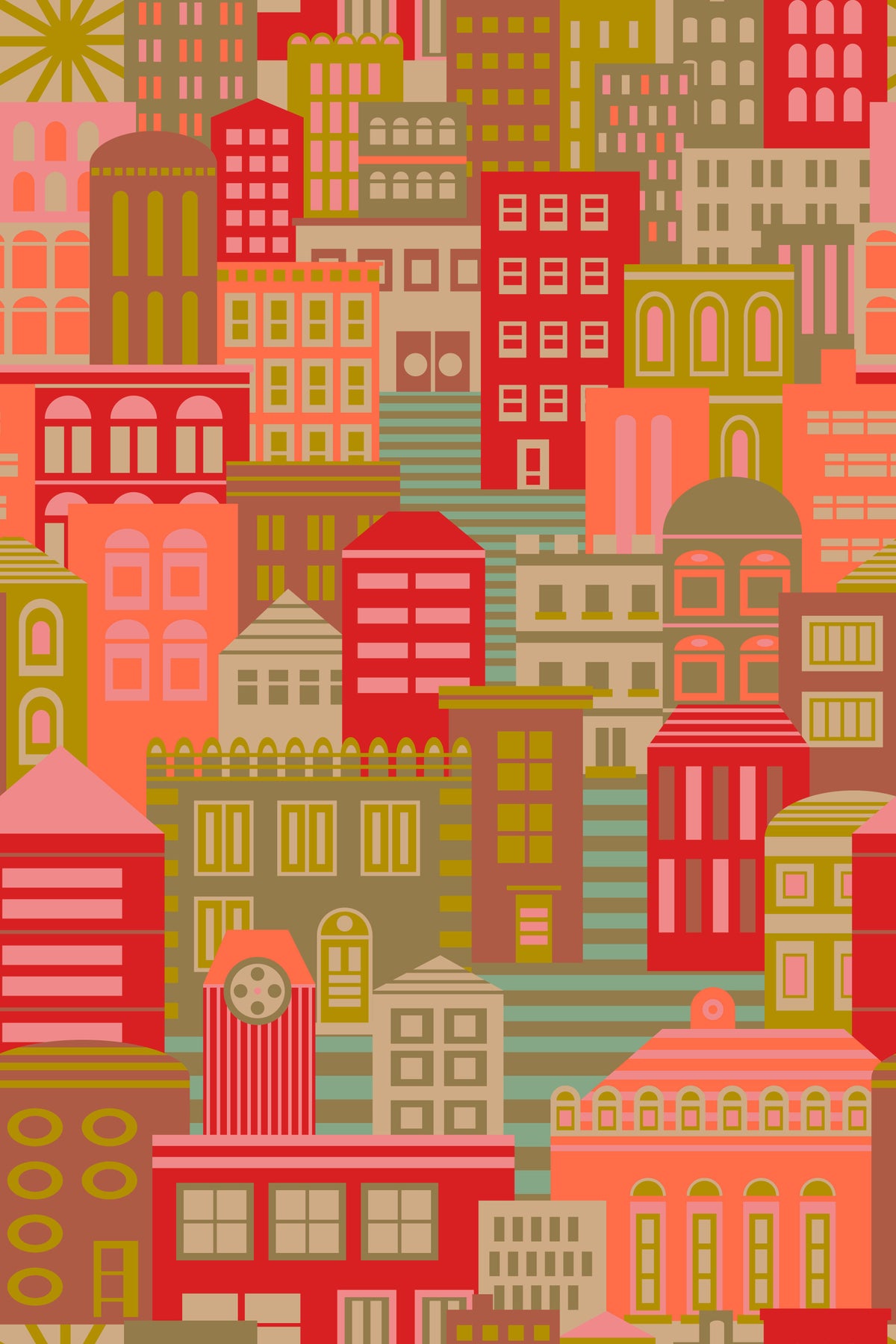 City Lights By Day Vintage Travel Bright Geometric Buildings Sunny Vintage 1950s Colours Wallpaper⁠ in your room — zoomed