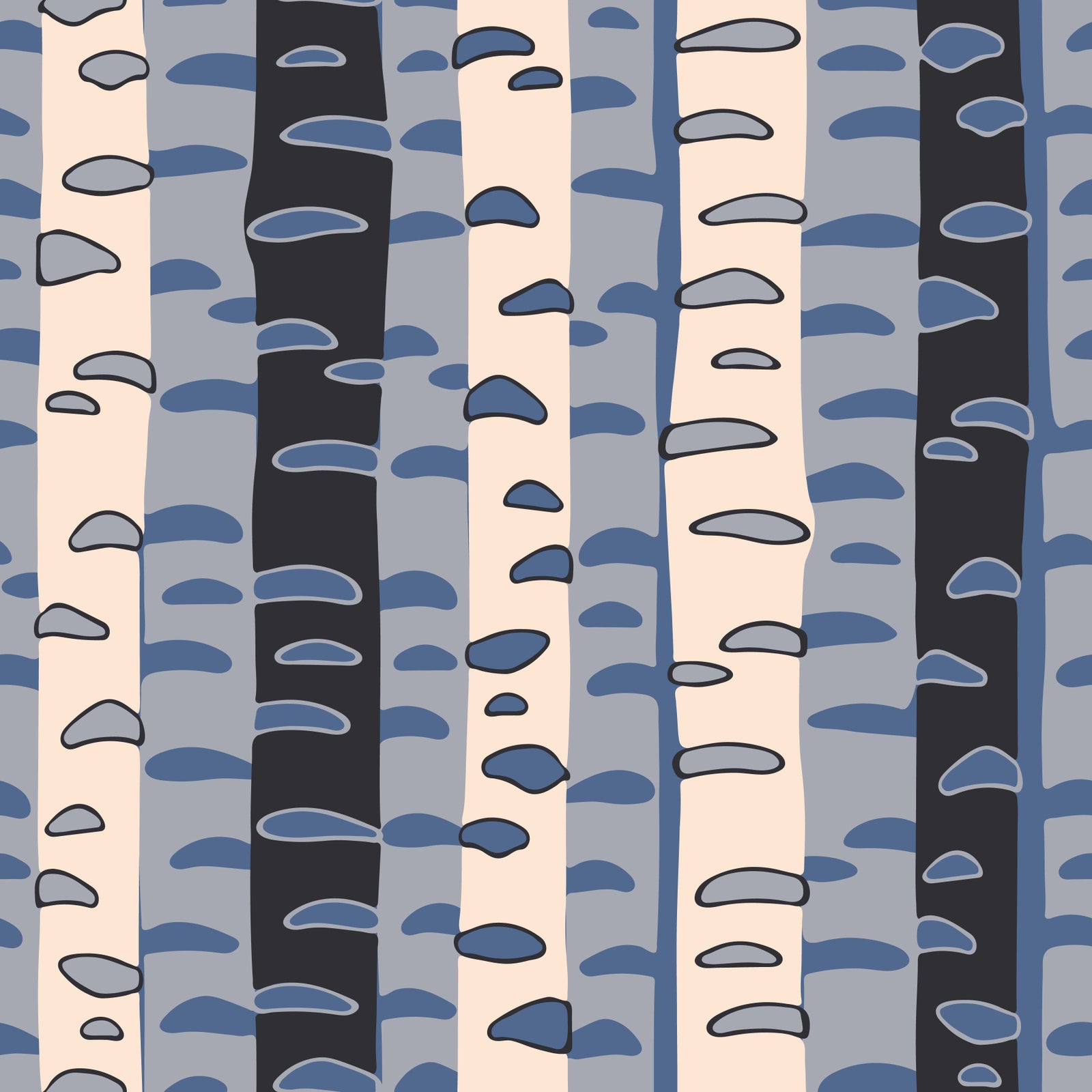 Birch Tree Stripes Retro Abstract Forest in Blue Black Cream Gray Wallpaper⁠ in your room