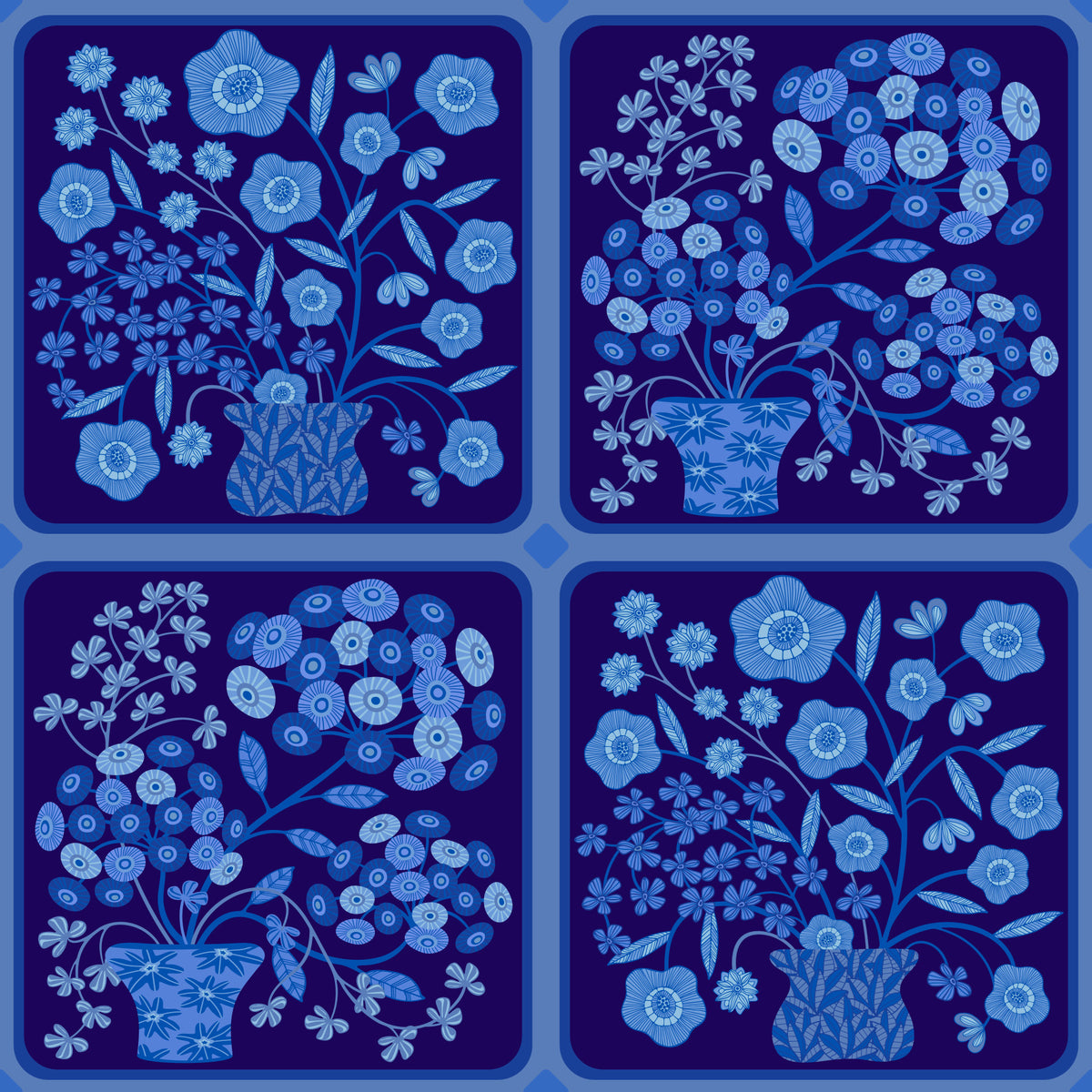 Flower Bouquet Tiles Floral Dark Delft Blue Wallpaper⁠ in your room