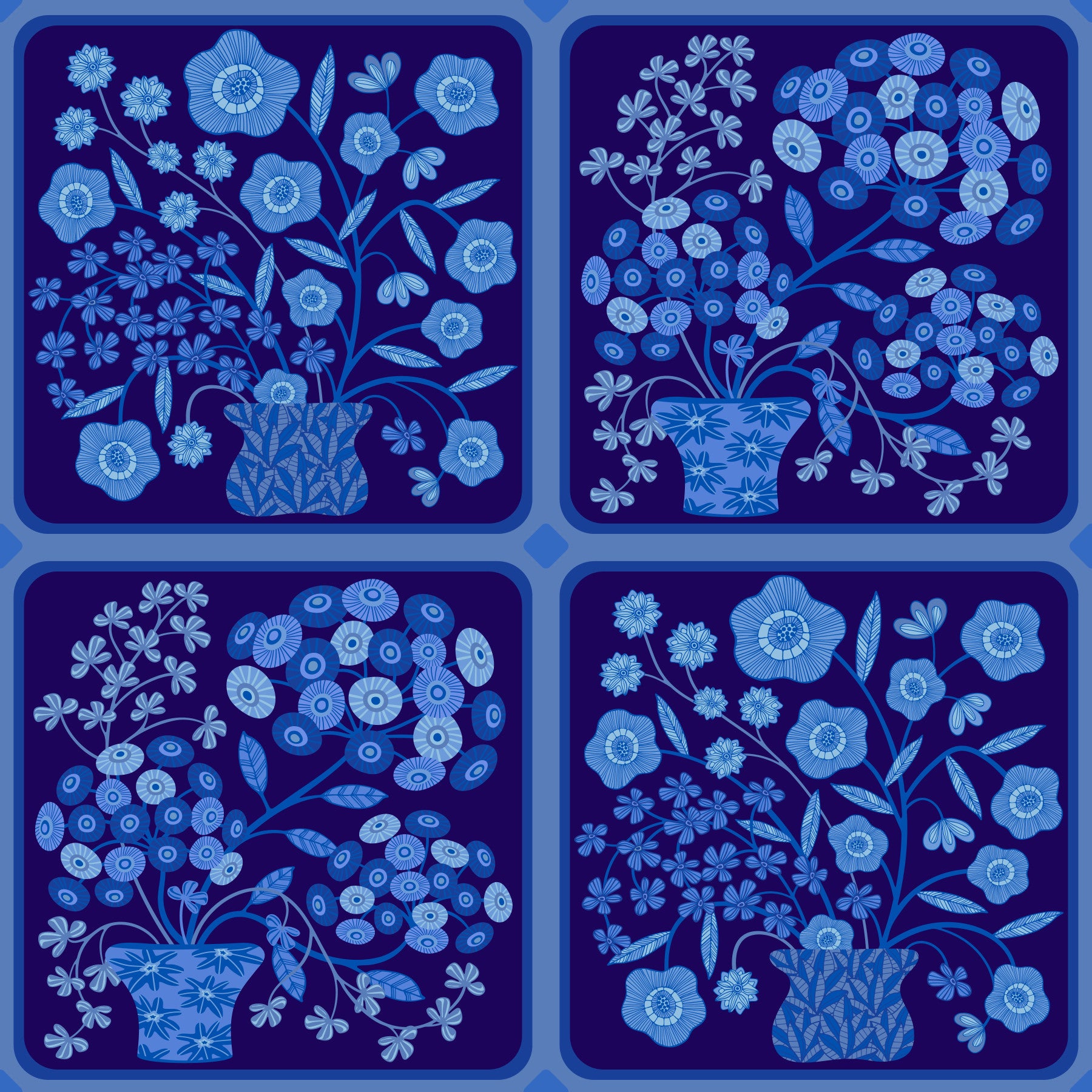 Flower Bouquet Tiles Floral Dark Delft Blue Wallpaper⁠ in your room — zoomed