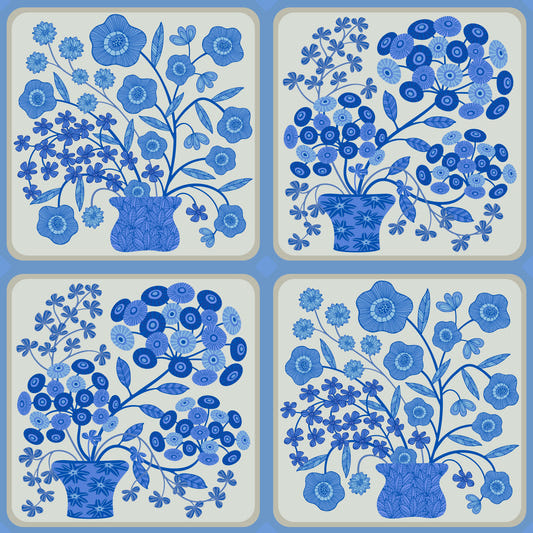 Flower Bouquet Tiles Floral Light Delft Blue and White Wallpaper‚Å†