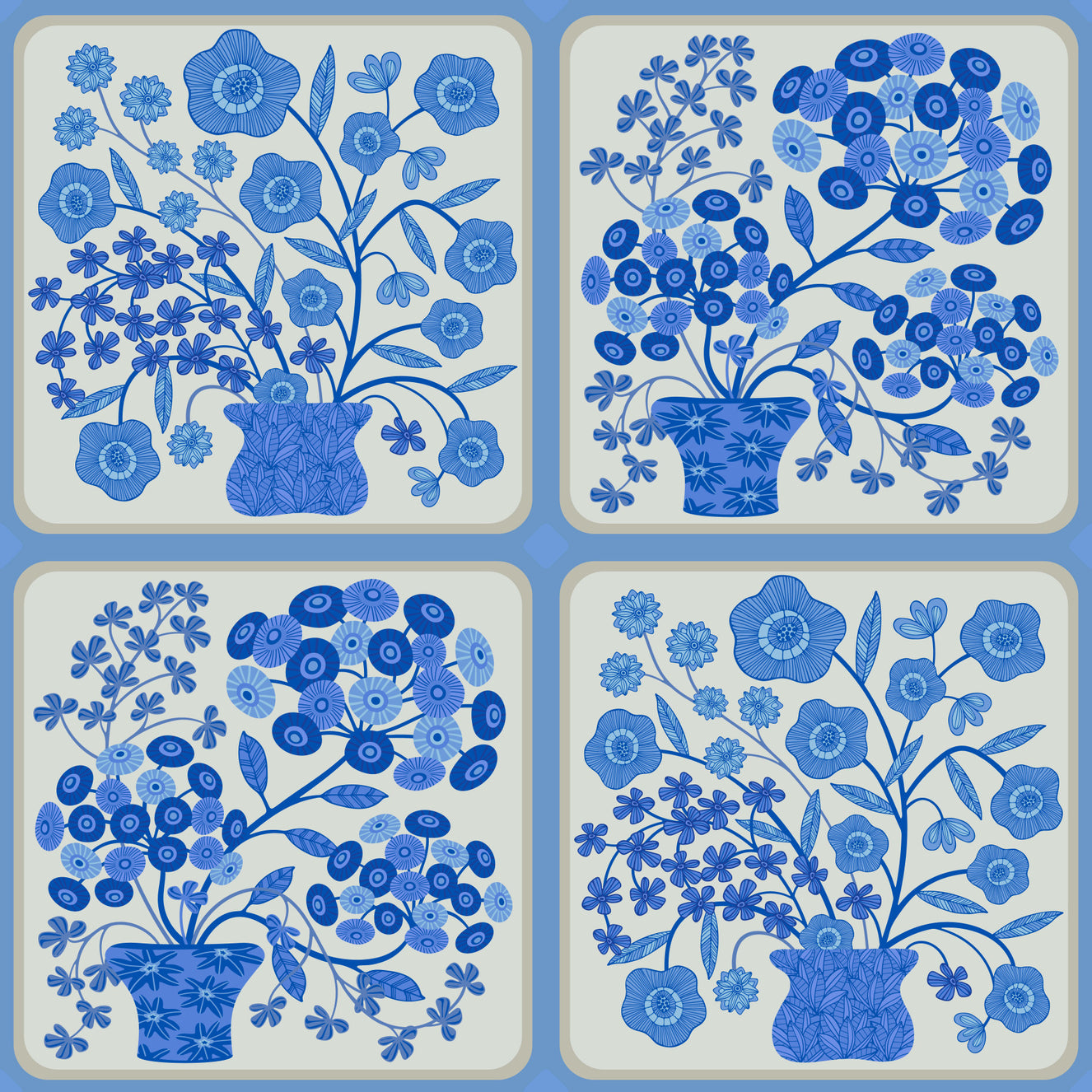 Flower Bouquet Tiles Floral Light Delft Blue and White Wallpaper⁠