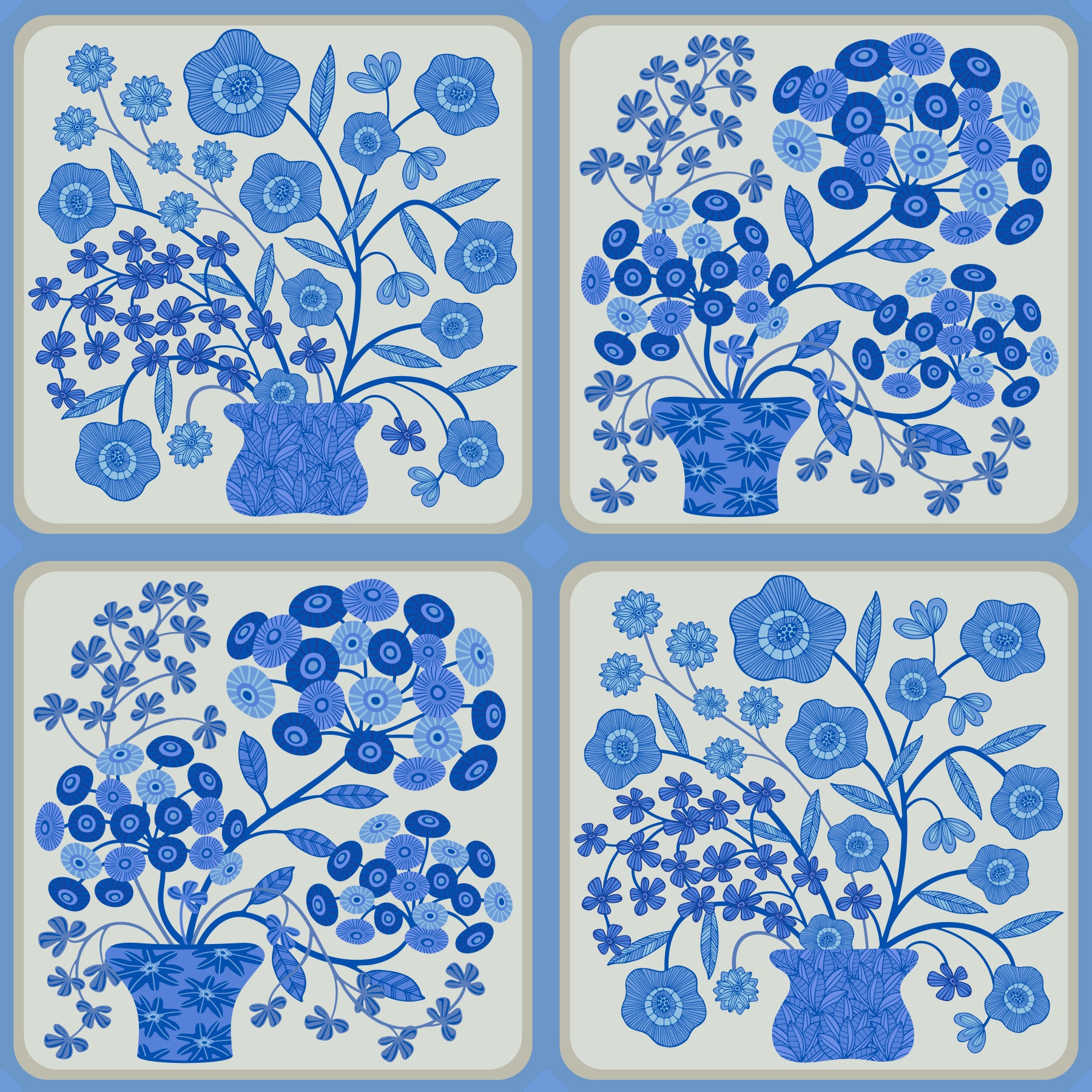 Flower Bouquet Tiles Floral Light Delft Blue and White Wallpaper‚Å†