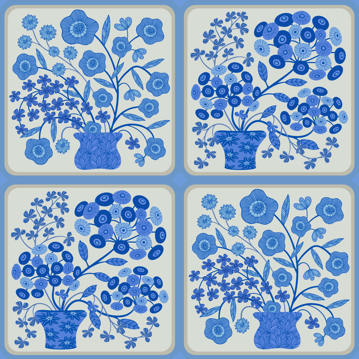 Flower Bouquet Tiles Floral Light Delft Blue and White Wallpaper⁠ in your room — zoomed