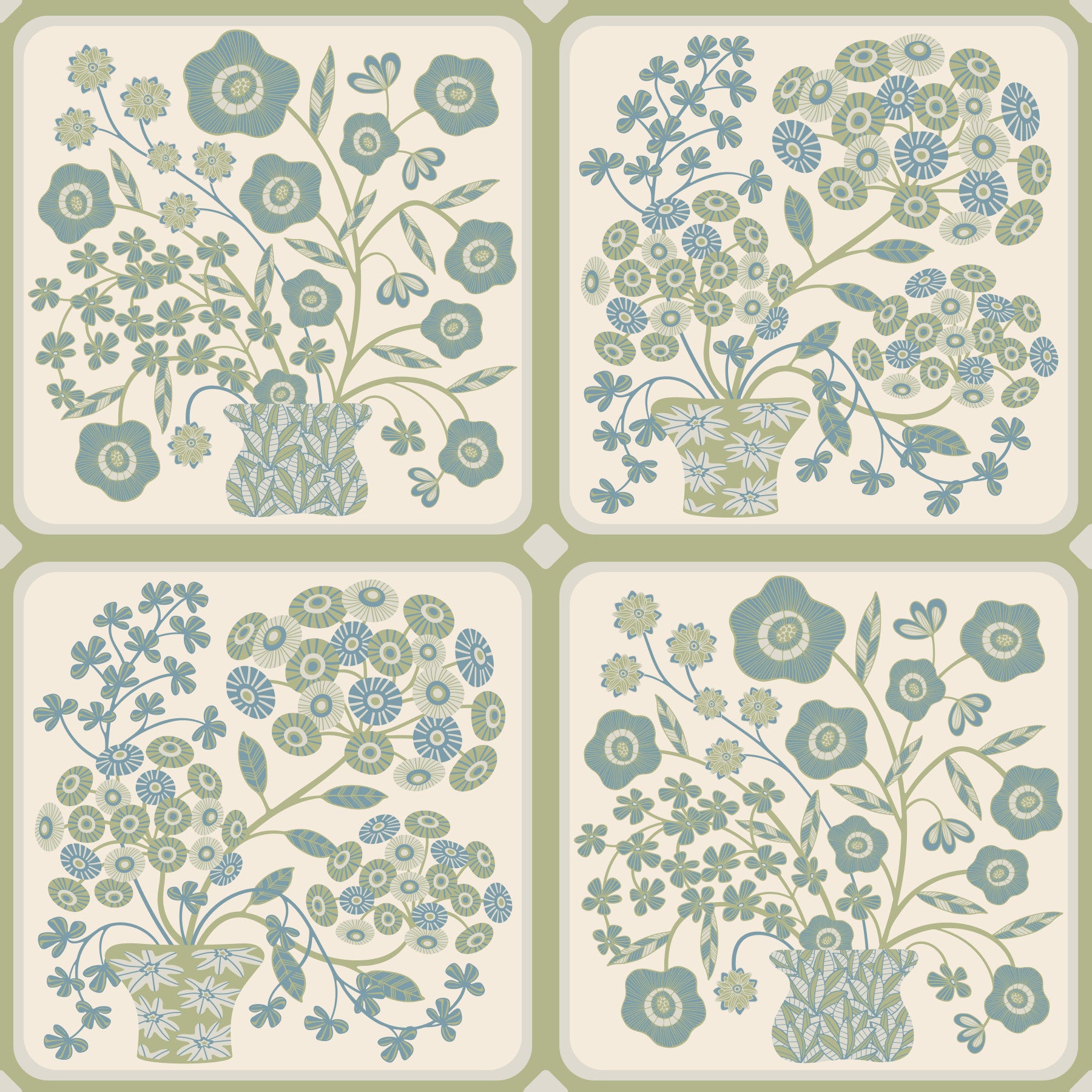 Flower Bouquet Tiles Floral Sage Green Blue Wallpaper⁠ in your room — zoomed