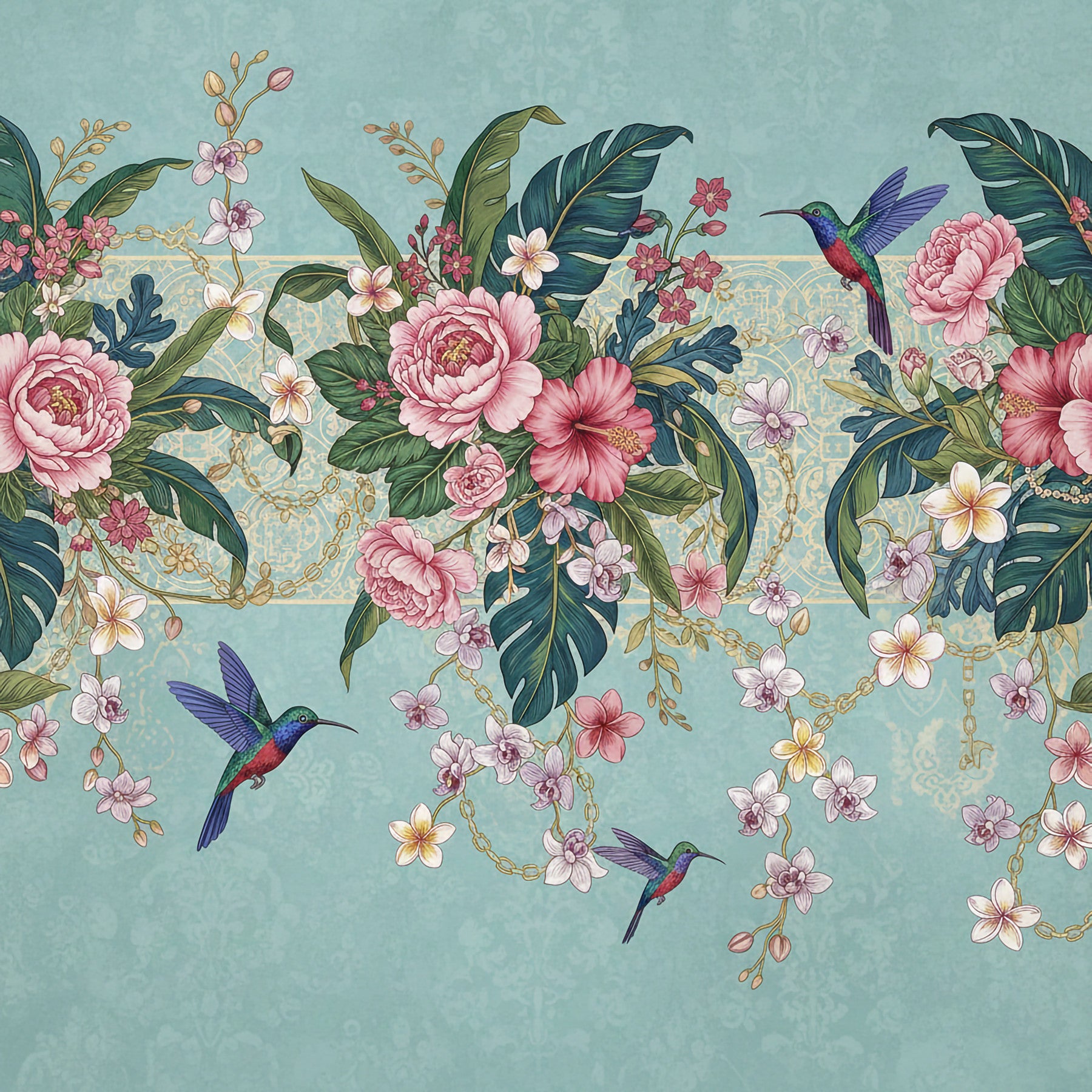 Tropical Hummingbird Bloom Wall Mural in your room — zoomed