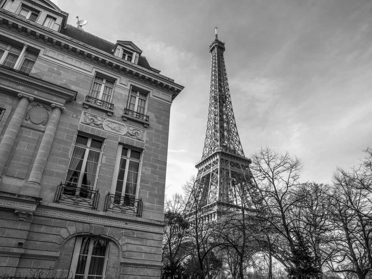 Old building next to Eiffel tower Wall Mural in your room — zoomed