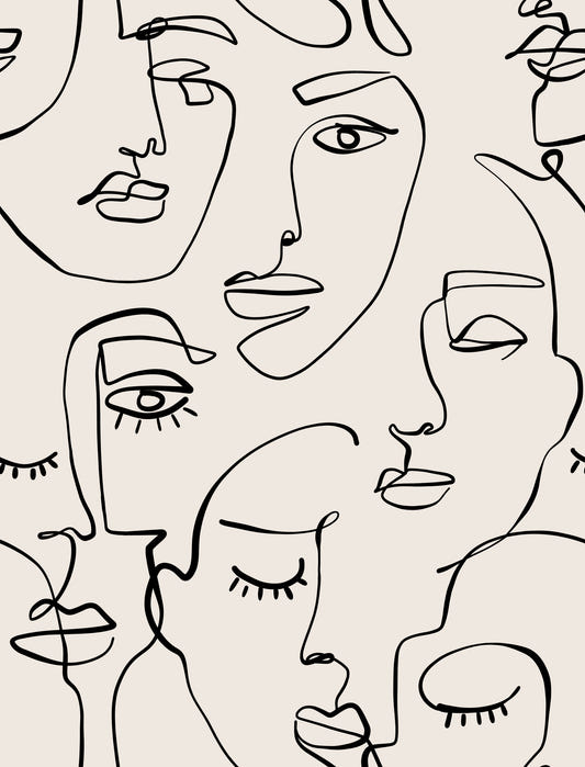 Papier peint abstrait à motifs de visages au trait