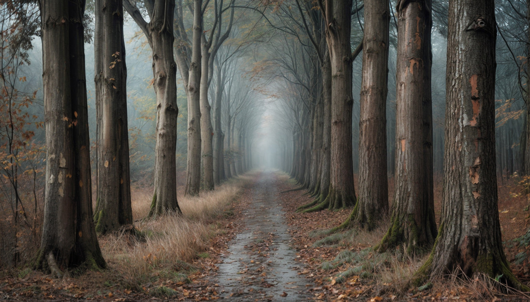 Wandbild „Nebeliger Waldweg“