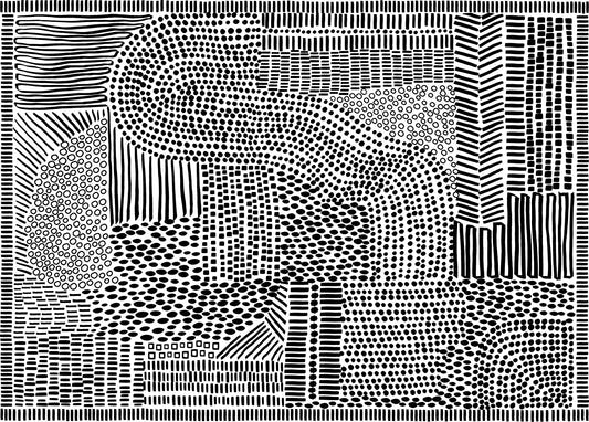 Fresque murale en noir et blanc représentant un labyrinthe