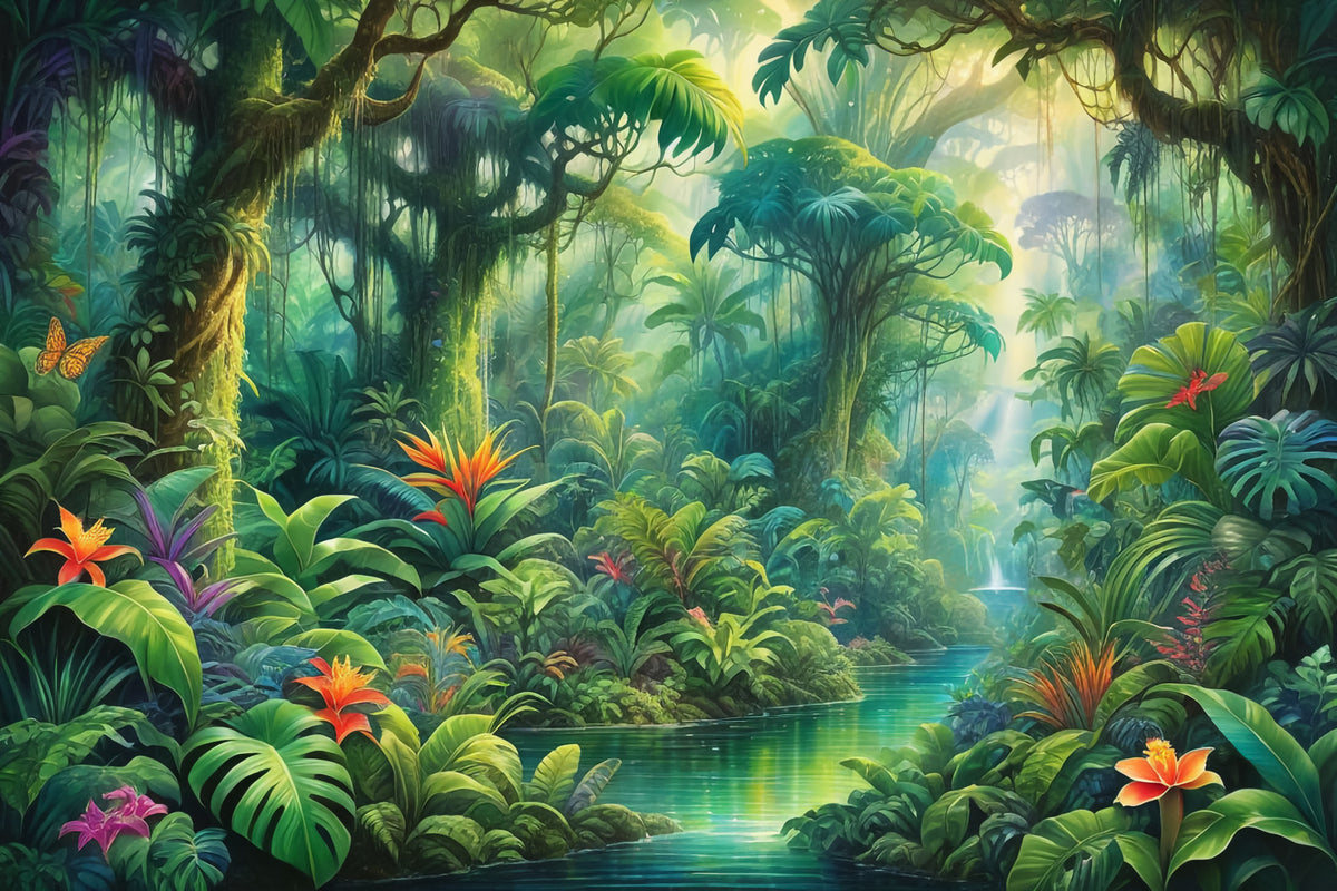 Fresque murale représentant une retraite luxuriante dans la forêt tropicale in your room — zoomed