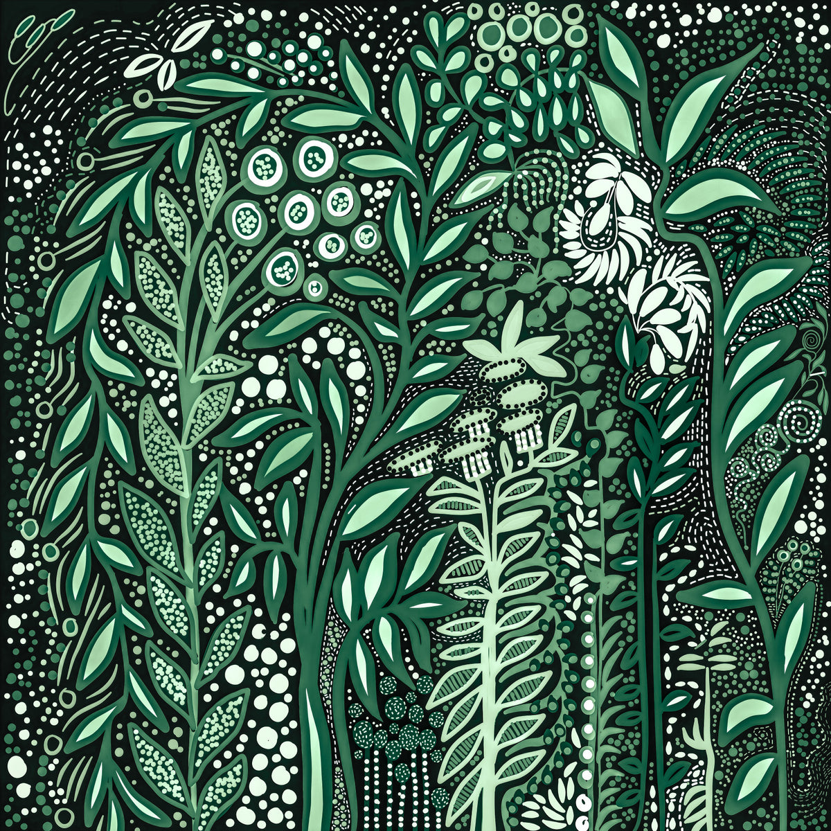 Mural de parede Tropifolia Alborosa com um intrincado padrão botânico tropical verde, folhas brancas e delicados detalhes florais. in your room — zoomed