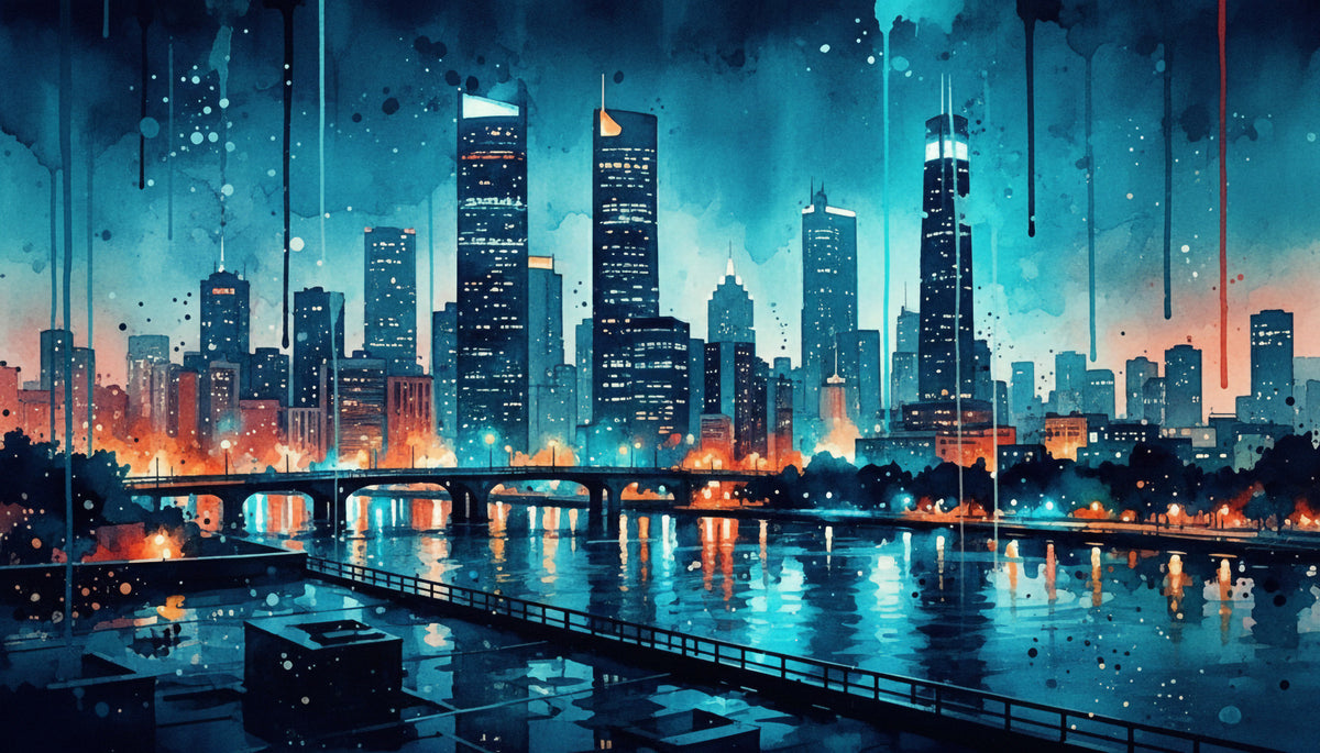 Murale con paesaggio urbano ad acquerello in your room — zoomed