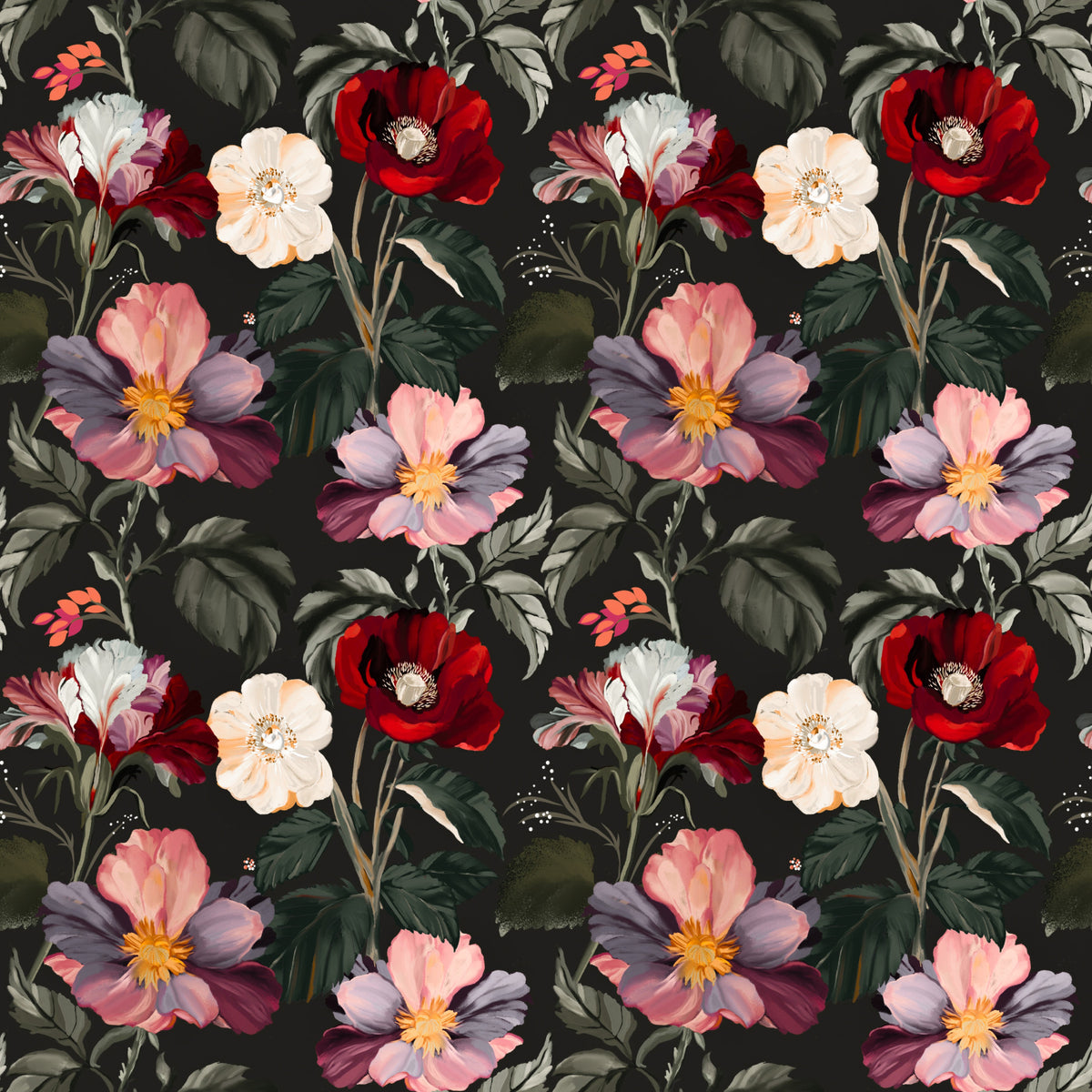Mørk romantisk blomstermønster tapet in your room — zoomed