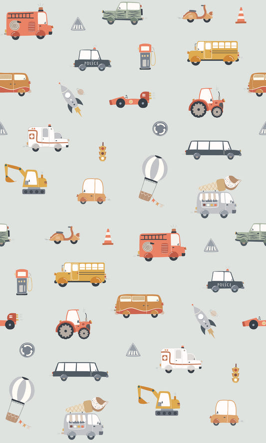 Petits transports en papier peint bleu