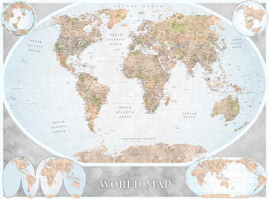 Classic world map in blue and earthy tones Wall Mural