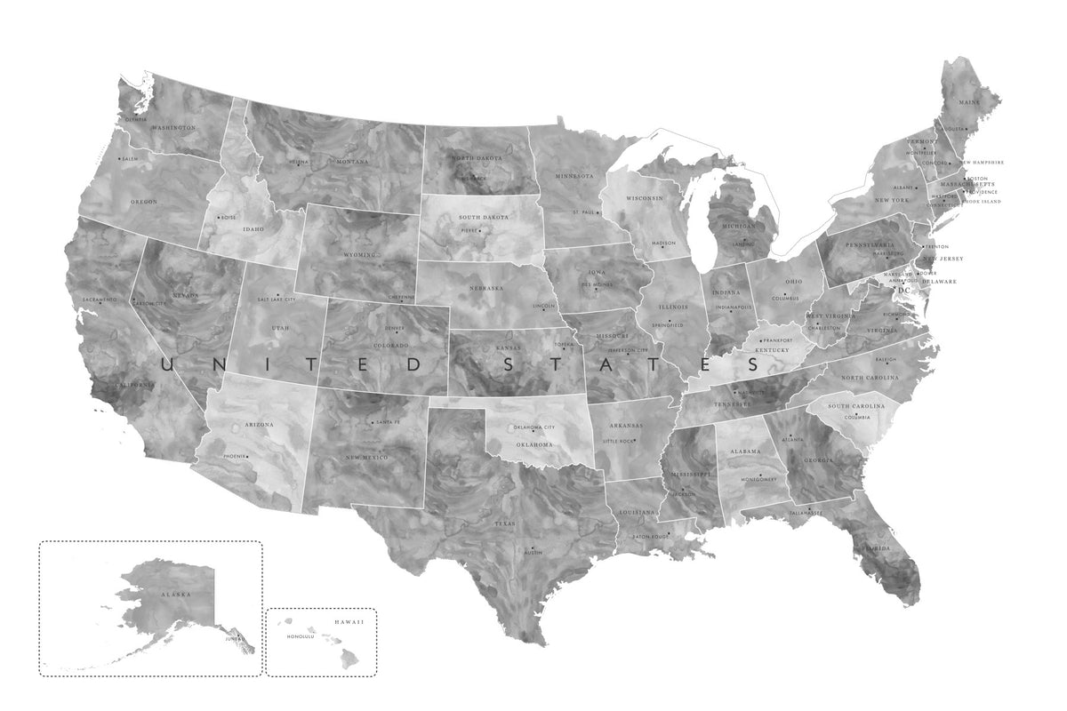 USA map with states and capitals in gray watercolor Wall Mural in your room — zoomed