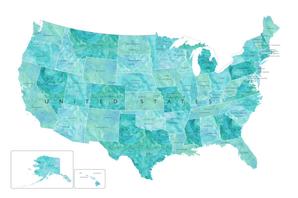 USA map with states and capitals in teal watercolor Wall Mural in your room — zoomed
