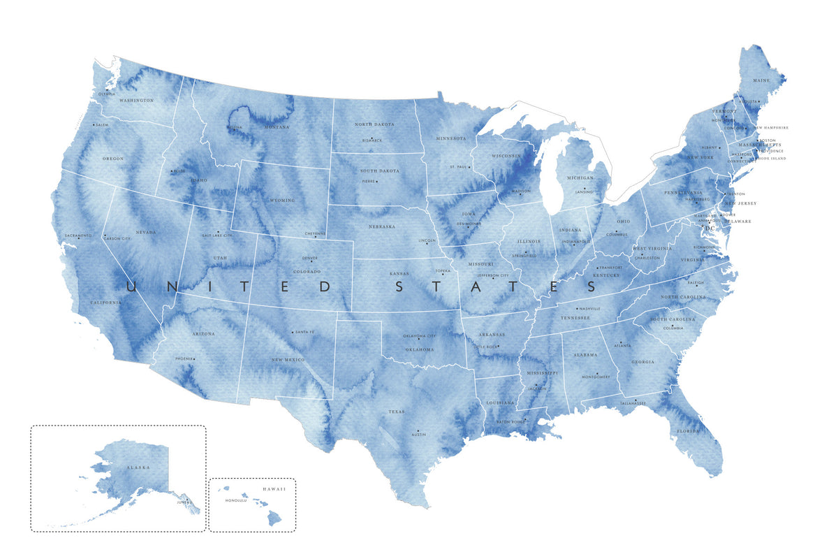 USA map with states and capitals in blue watercolor Wall Mural in your room