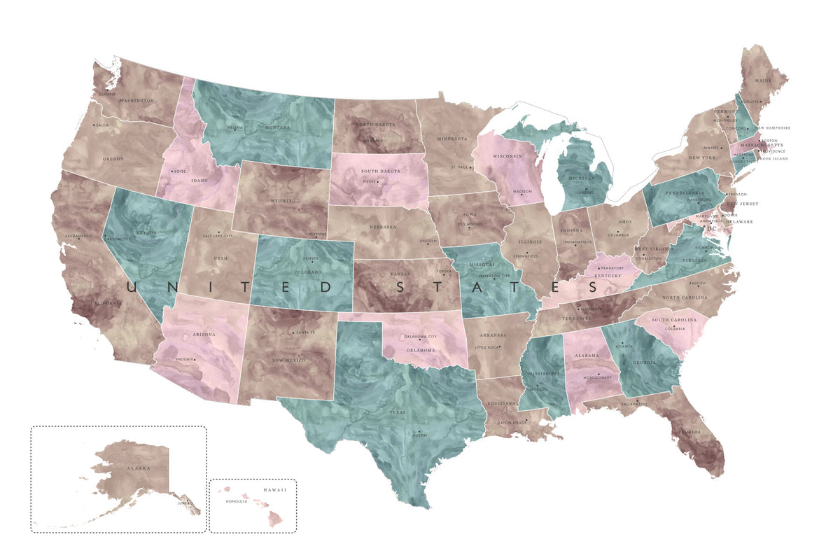 Carte des États-Unis avec leurs États et capitales, style aquarelle aux tons doux - Fresque murale