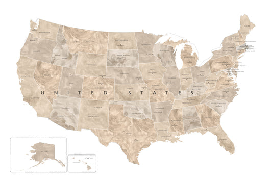 USA-Karte mit Bundesstaaten und Hauptstädten in beigem Aquarell-Wandbild