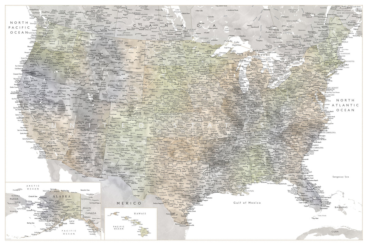 Mappa dettagliata degli Stati Uniti con città in tenui acquerelli, murale HABIKI in your room — zoomed