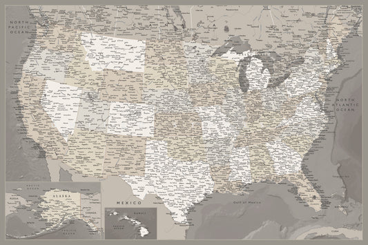 Mappa dettagliata degli USA in stile vintage, murale Davey