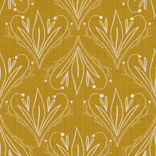 Boho-Jugendstil-Tapete mit floralem Muster in Senfgold – Handgezeichnete Tapete