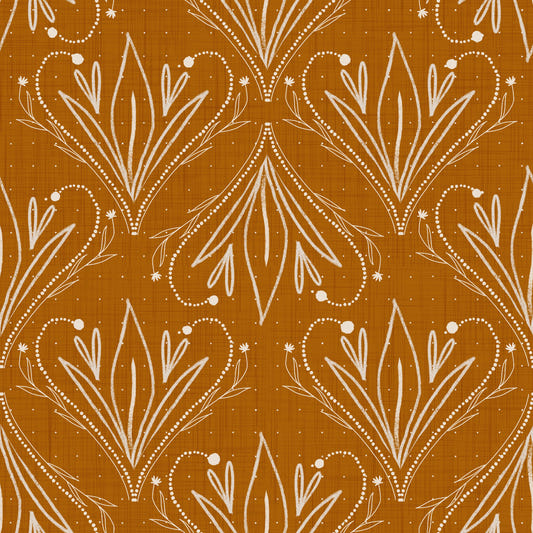 Boho-Jugendstil-Tapete mit floralem Muster in Senfgold – Handgezeichnete Tapete