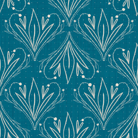 Boho-Jugendstil-Tapete mit floralem Muster in Türkisblau – Handgezeichnete Tapete