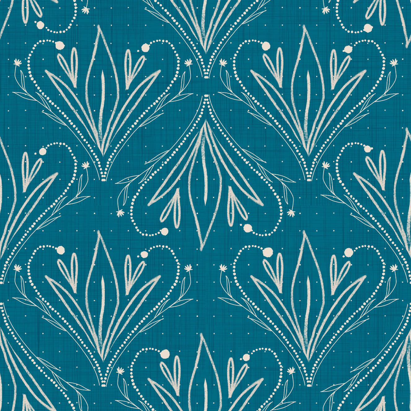 Boho Art Nouveau Folk Blomster Blågrøn Tapet – Håndtegnet Tapet