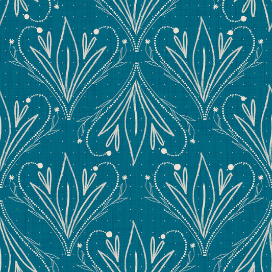 Boho Art Nouveau Folk Floral Teal Blue Wallpaper – Hand Drawn Wallpaper⁠