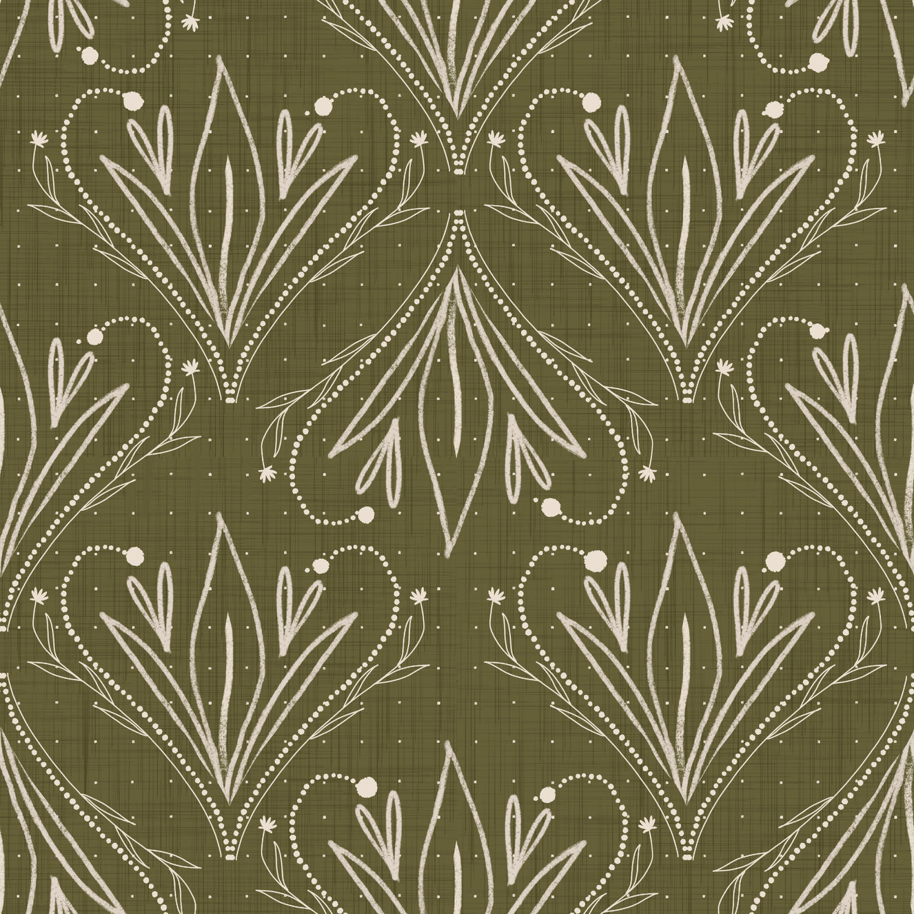 Boho Art Nouveau Folk Blomster Olivengrøn Tapet – Håndtegnet Tapet
