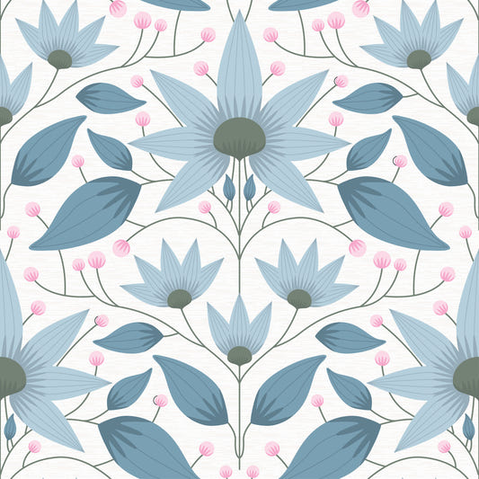 Papel pintado azul con simetría floral