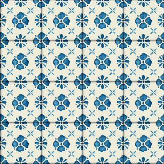 Klassische blaue Tapete im Landhausstil für den Fliesenspiegel