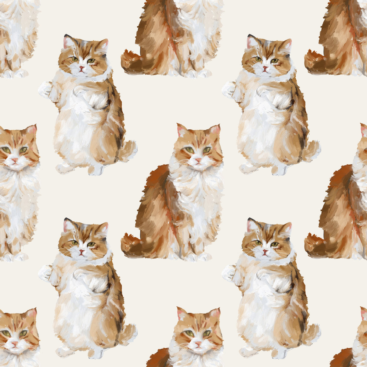 Tapete mit handgemaltem Ölgemälde-Muster: Flauschige, getigerte, rote Katzen in your room — zoomed