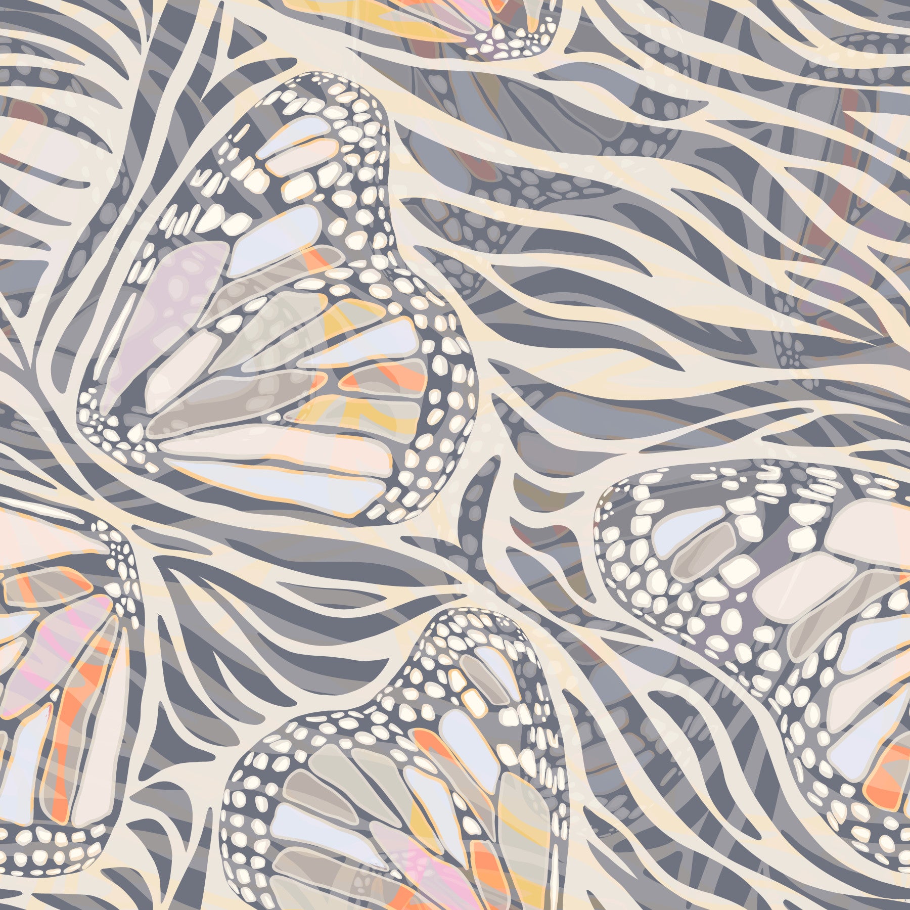 Métamorphose du papillon zèbre • Papier peint bohème maximaliste aux tons pastels naturels in your room — zoomed
