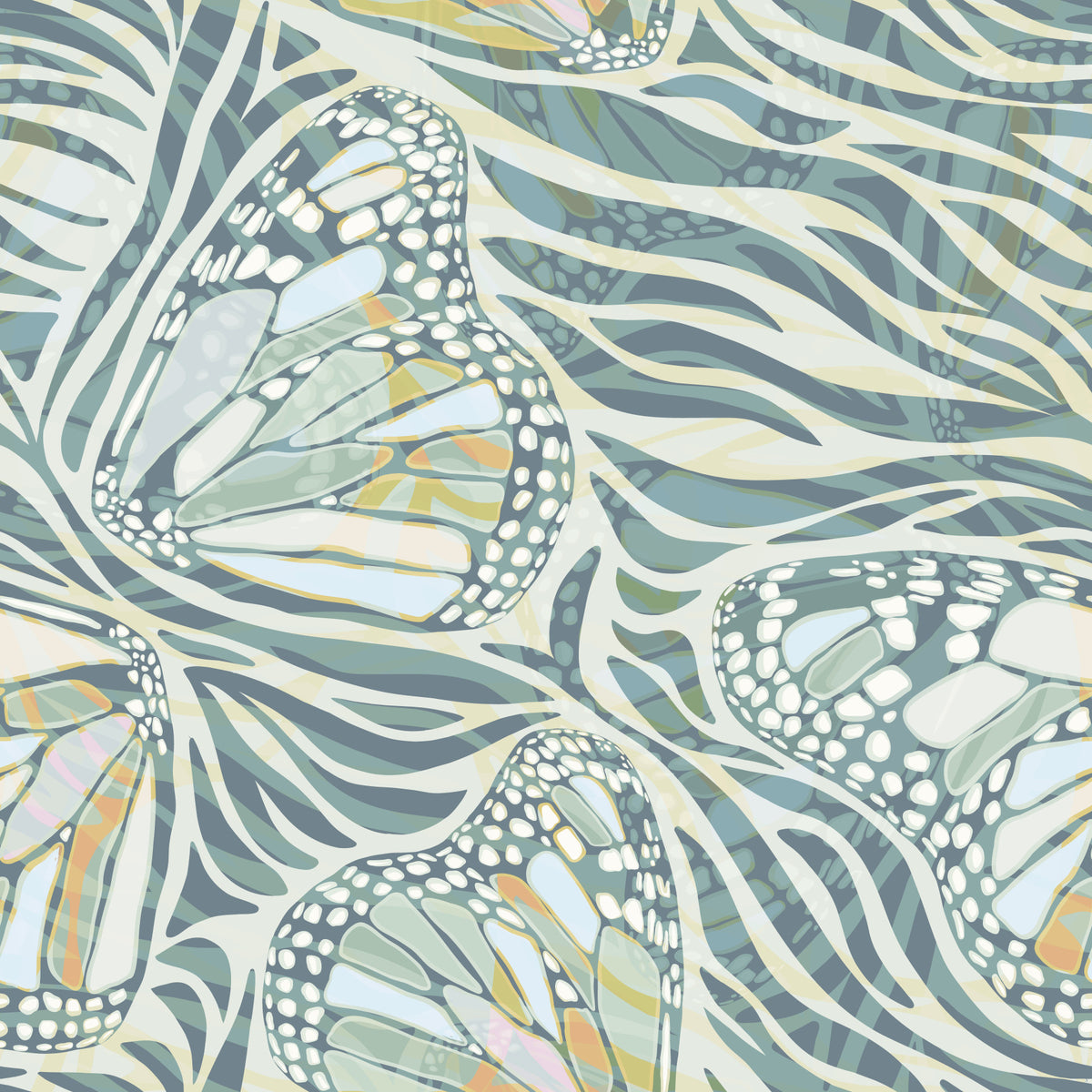 Zebra Butterfly Bloom • Maximalist Boho in Green Pastels Wallpaper⁠ in your room
