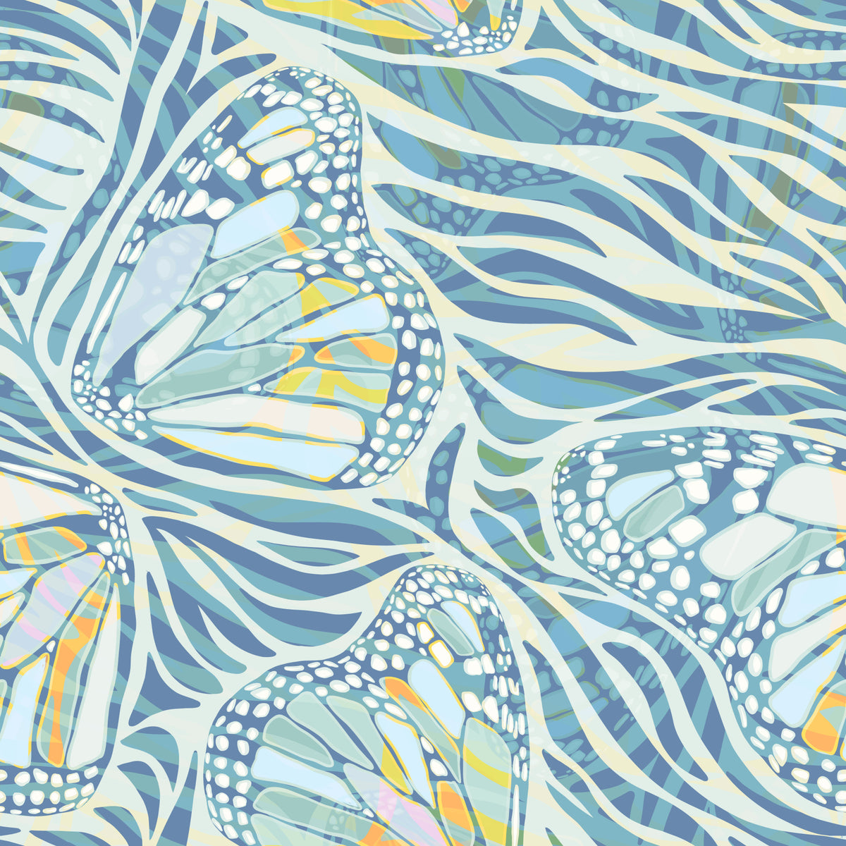 Papier peint Zèbre Papillon Dérive • Style bohème maximaliste en tons pastel bleus in your room — zoomed