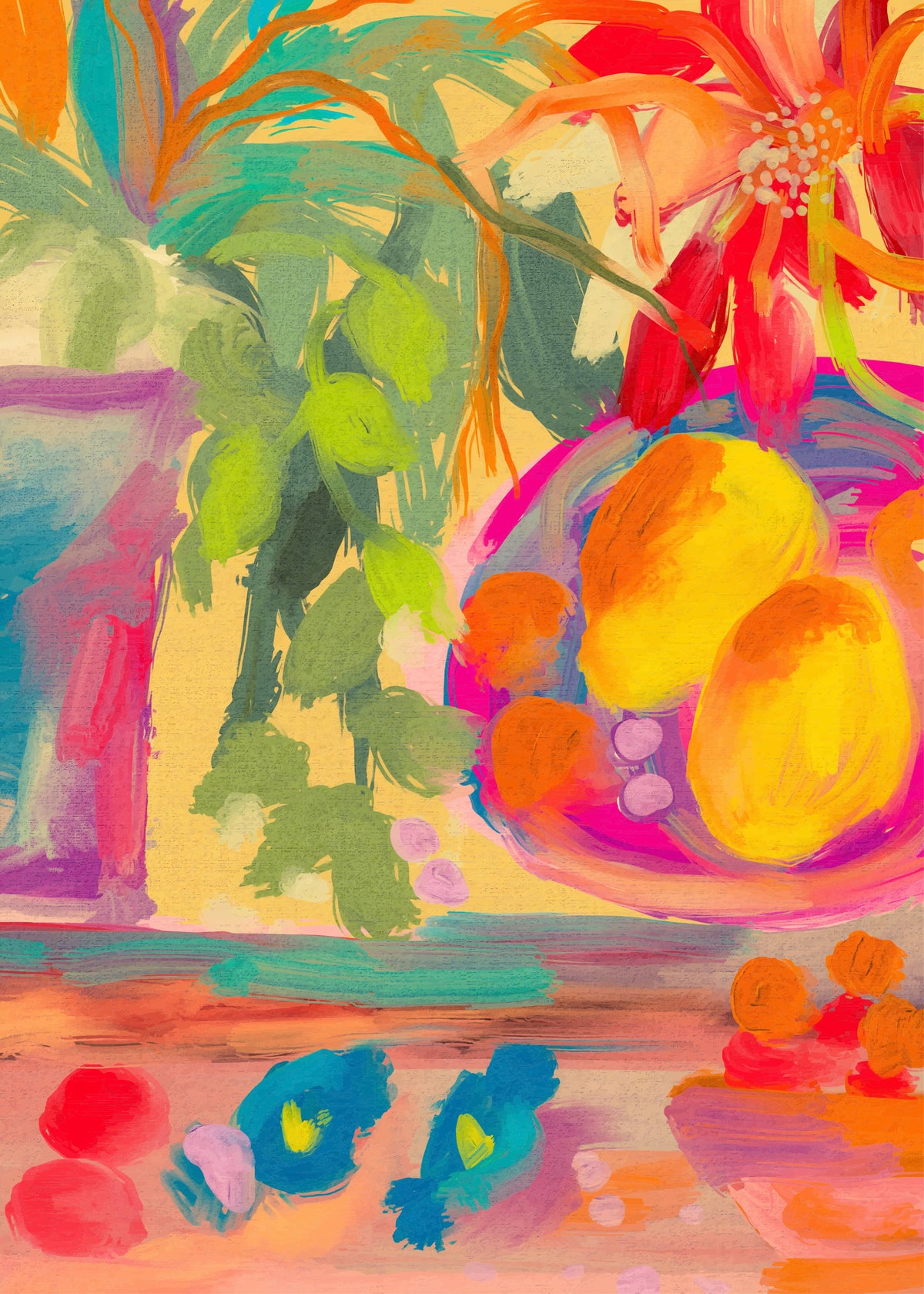 Murale da parete con natura morta astratta colorata con fiori e limoni in your room — zoomed