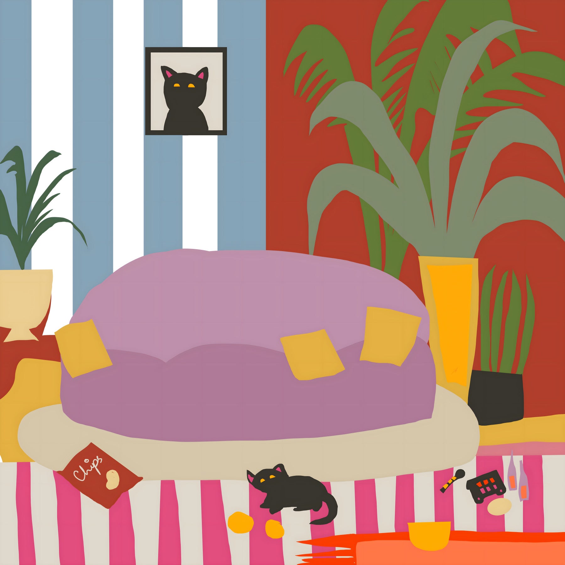 Mural de pared a rayas con un acogedor diseño de gato para sala de estar