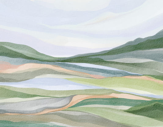 Peinture murale aquarelle représentant un paysage de colline