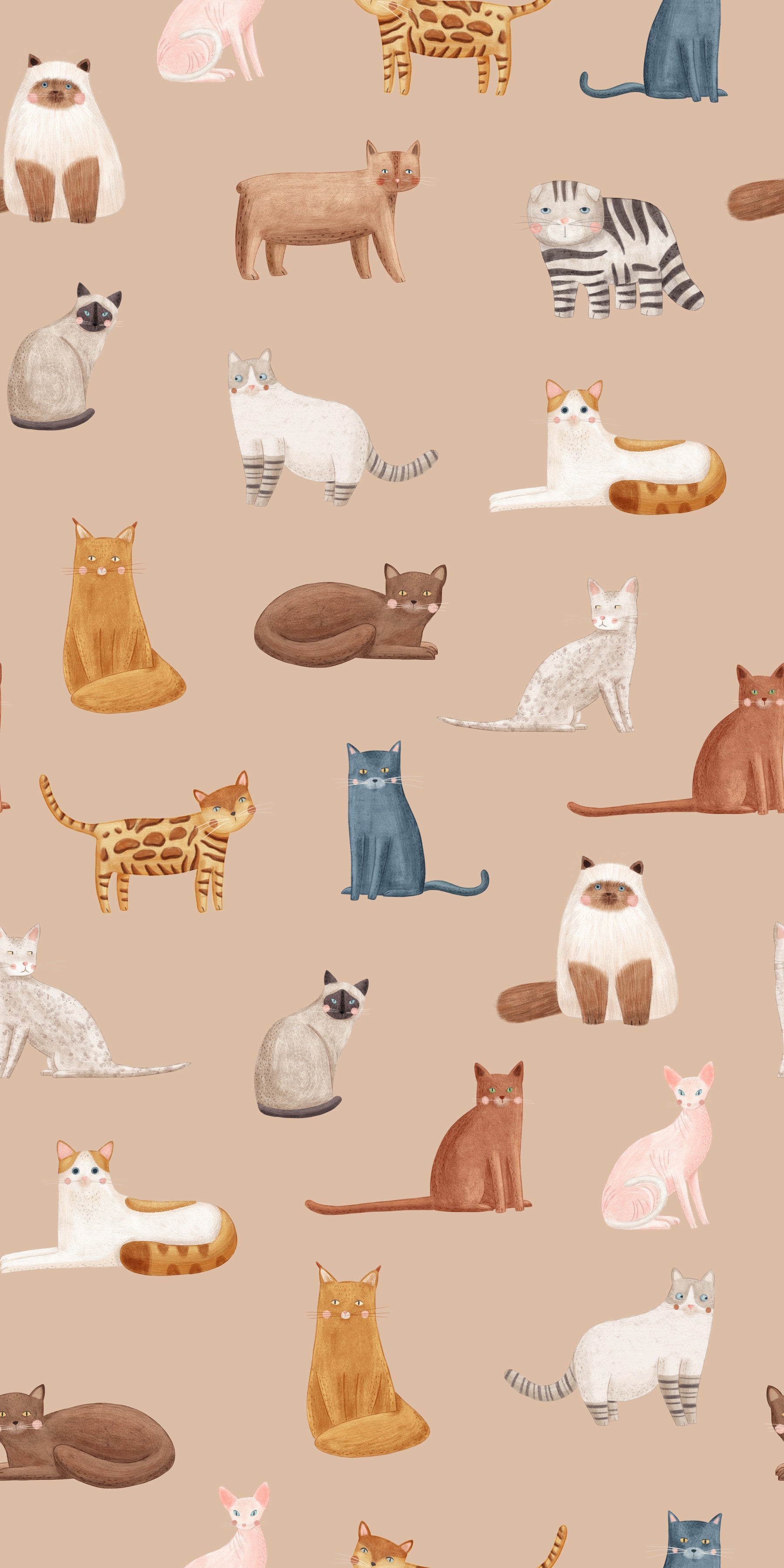 Katzen in Hülle und Fülle in karamellfarbener Tapete