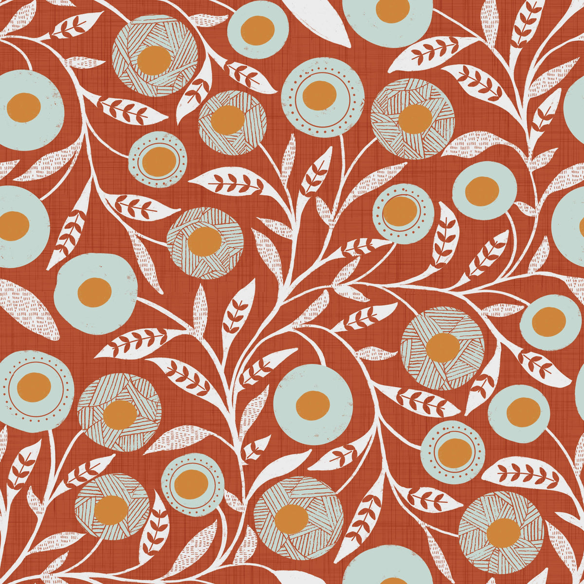 Tapet confortabil cu model scandinav folk floral, teracotă arsă - model botanic artizanal in your room — zoomed