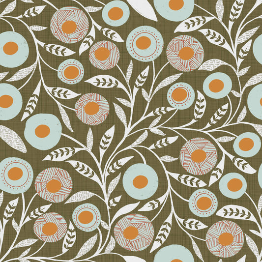 Mysig skandinavisk folklig blommig jordnära olivgrön - Craft Botanical Tapet